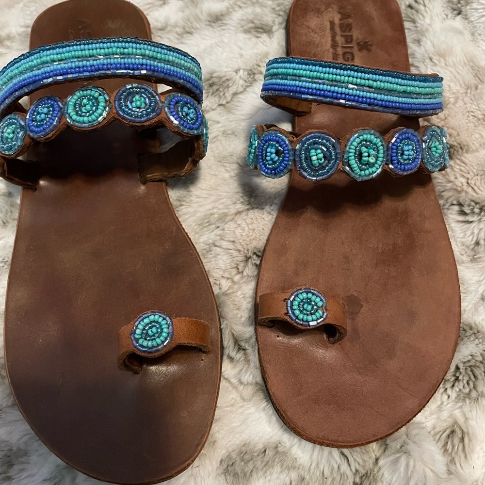 Aspiga handmade leather and blue/turquoise beaded sandals size 39